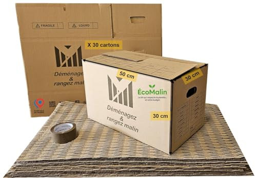 Kit Déménagement T2 – 30 cartons 50x30x30 cm, rouleau adhésif 68m, tapis de calage. Écoresponsable, économique et prêt à l’emploi !