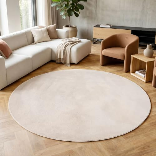 HomebyHome Runder Teppich Creme 80 cm Waschbarer Kurzflor Teppich, rund, rutschfest & weich, modernes einfarbiges Design für Wohnzimmer, Schlafzimmer, Küche & Kinderzimmer.