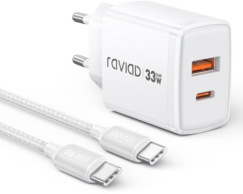 RAVIAD 33W USB C Ladegerät GaN Netzteil, 2-Port [USBC + USBA] PD | Schnellladegerät mit USB C Kabel 2M, USBC Stecker für iPhone 17 16 15 Pro Max, Galaxy S25 S24 S23 Ultra, iPad Pro, MacBook