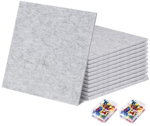 Esilihom 12 Pack Felt Board Tiles with 100 Push Pins, Self-Adhesive Notice & Pin Board for Home and Office, 30x30 cm Felt Cork Panel for Photo Notes DIY Memo (Silver Grey)