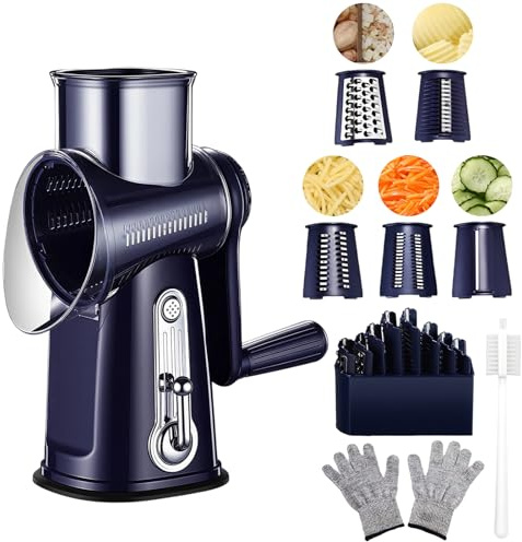 Grattugia rotante 5 in 1 per formaggio e verdure, 5 lame sostituibili in acciaio inox, guanti resistenti al taglio e spazzola per la pulizia, per noci, frutta, cetrioli, carote, patate, ghiaccio (base
