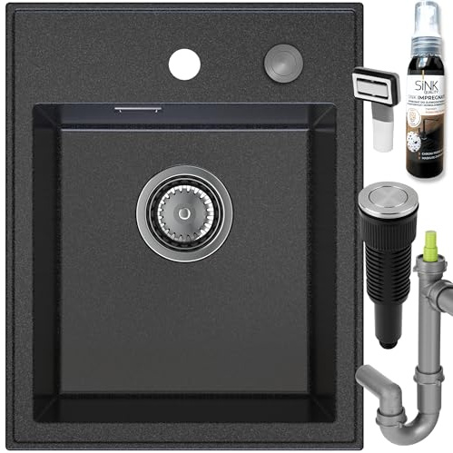 SINK QUALITY Spülbecken Graphit 40x50 cm - Granitspüle Graphit mit Siphon PUSH und Imprägnierung - Spüle ohne Abtropffläche - Kleines Spülbecken für Küche für Unterschränke ab 40 cm Breite