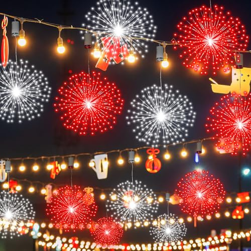 Tujoe Confezione da 6 luci pirotecniche a 225 LED, filo di rame, a batteria, da appendere, con telecomando, 8 modalità, stelle, decorazioni da soffitto per patio, matrimoni, feste di Natale (rosso