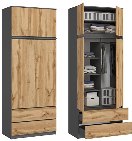 KUBUTKU Großer Kleiderschrank, Schrank mit 4 Türen, 2 Schubladen, 6 Einlegeböden und Kleiderständer, Mehrzweckschrank, Garderobenschrank 235x90x50,5cm (Grafit/Eiche Wotan)