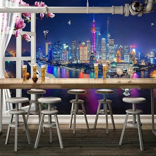 ZEZILE Papel Pintado 3D Personalizado Vista Nocturna Shanghai Bund Fuera de la Ventana Fotomurales Sala de Estar Fondo de sofá Decoración de Pared