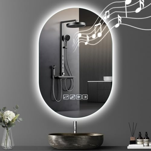 Sararoom 75×50cm Specchio Bagno con Luce e Bluetooth, Specchi da parete per bagno con orologio, Anti-Fog, Dimmerabile, 3 Colori Luci, Memoria, IP44 Specchio con luci retroilluminate,HD Vetro Temperato