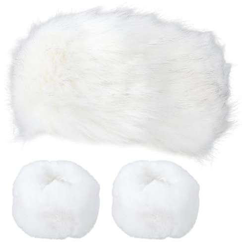 CABODYALS Diademas Suaves Y Elásticas Blancas con Calentadores de Orejas Y Muñequeras, Diadema de Piel Sintética, Gorro de Invierno, Orejeras Peludas Y Elásticas Gruesas, Calentadores de Cabeza para M