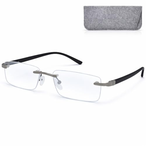 Occhiali graduati con filtro luce blu senza montatura, nero e rosso | Design rimless rettangolare nero o rosso, con lenti trasparenti, naselli regolabili e custodia morbida in feltro grigio