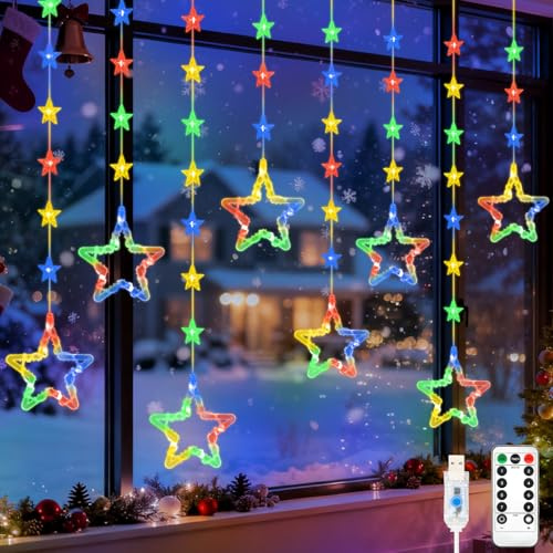 Gcstnn Christmas Star Window Lights, 2M 48 Stars Multicoloured Curtain String Lights USB Powered with Remote Control Timer Waterproof Hanging Christmas Light for Window Bedroom Xmas Tree Decorations