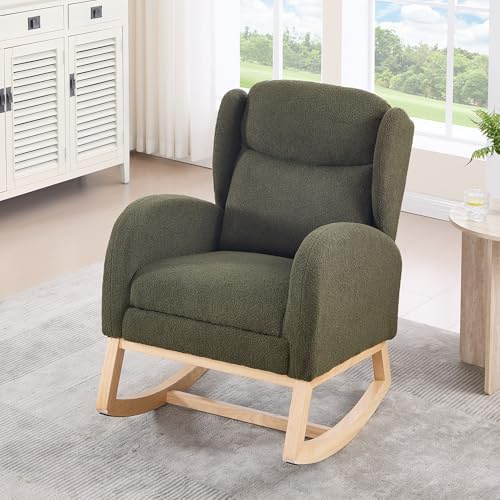 VIEKOS 049B Schaukelstuhl, Stillstuhl, Lounge-Sessel mit Holzgestell, verstellbare Fußstütze, hohe Rückenlehne, Teddy-Stoff, mit Tasche, bequemer Akzentstuhl für Schlafzimmer und Wohnzimmer, Grün