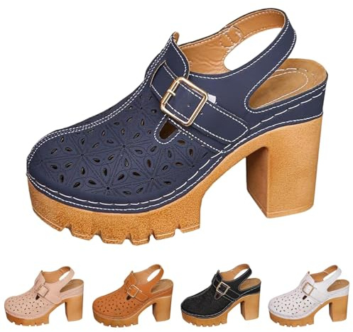 Slingpumps dam läder eleganta höga klackar tjock sula klackskor stängda utomhussandaler Chunky sommarskor ultralätta brudskor, träskor & sandaletter för kvinnor med klack, apelsin, 42 EU