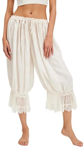 Women Ruffle Long Bloomers Y2k Lace Trim Pettipants Pantaloons Mid Rise Cropped Pants Under Dress Slips Pajama Bottoms