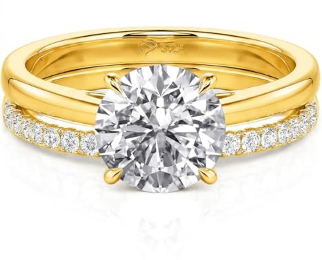 Damen Moissanit Klassisch Band Ring Set 925 Sterling Silber Vorsteckring Rundschliff Stein Stapelring Modern Elegant Doppelring Frauen Trauring für Hochzeit Valentinstag