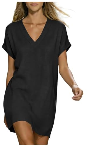 Vestidos Verano Mujer, Vestido Coctel Mujer, Vestido Casual De Algodón Y Lino De Color Liso para Vestidos Manga Corta con Cuello En V Tipo Camiseta Holgado hasta La Rodilla Túnica Casual (L)