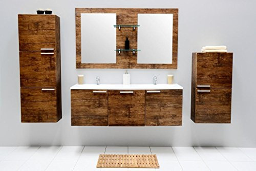 Galdem® Set di mobili da Bagno con lavandino Ceramica Specchio sotto l' Armadio Alto Armadio pensile Doppio lavabo Bagno Set premontato Marrone