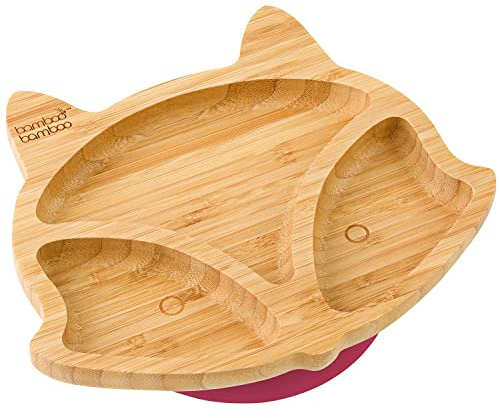 bamboo bamboo Baby Teller Kinderteller, Kindergeschirr mit Saugnapf, Sugnapf Teller Baby ab 6 Monaten (Fuchs, Kirsche)