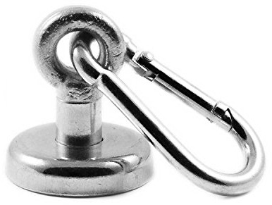 Magnetastico® | 1 Stück Neodym N35 Ösenmagnet mit Karabiner 32 mm Ø | Haltekraft 34 Kilogramm | Sehr starker Neodymium Karabinerhaken-Topfmagnet mit Öse bzw. Ringschraube verzinkt