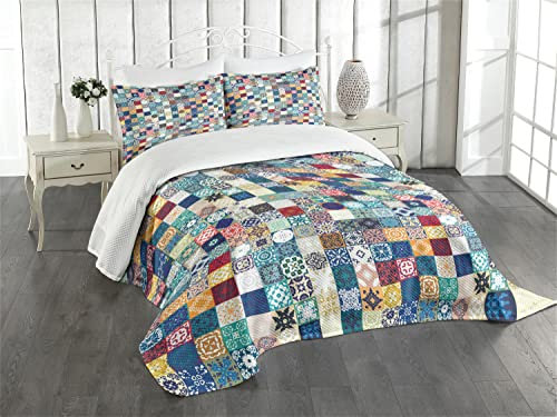 ABAKUHAUS marokkanisch Tagesdecke Set, Aufwändige Patchwork-Motiv, Set mit Kissenbezügen Waschbar, für Einselbetten 170 x 220 cm,Dunkelblau Mehrfarbig