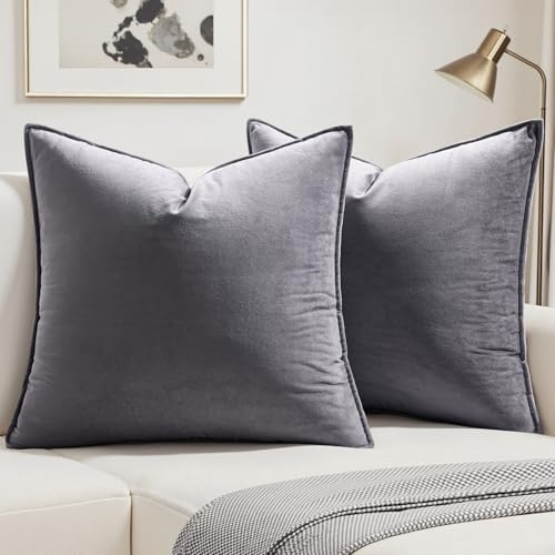 MIULEE Samt Kissenbezug 60x60 Kissen Hellgrau Kissenhülle Dekokissen | Sofakissen Dekorative Satin Umwickelte Kante Kissenbezüge Zierkissenbezug für Sofa Wohnzimmer Schlafzimmer 2er Set