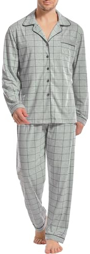 iClosam Pyjama Homme Long Coton Deux Pièces à Carreaux avec Boutons | Pyjama Homme Hiver, Chaleur Modérée, Haut Boutonné, Pantalon Droit, Motifs Classiques, Soirées Fraîches, Repos à La Maison