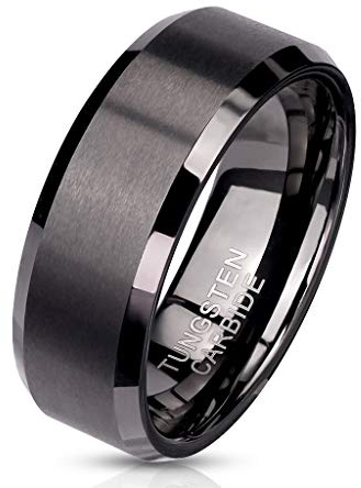 Paula & Fritz® Ring Herren Wolframcarbid gebürstete Oberfläche Gr. 59 (18,8) - 70 (22,3) Schwarz 8-mm Breit Herren-Ring Damenring Partnerring Ehering