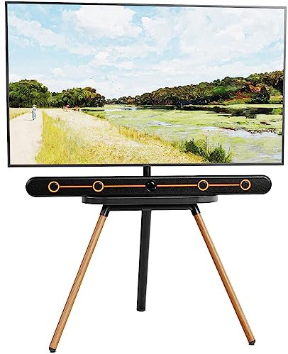 PUTORSEN Easel TV Tripod Stand for 43 to 65 Inch LED LCD Screens, Height Adjustment TV Floor Stand with Wooden Tray and Solid Wood Base, Swivel, Max VESA 400x400mm, Max Load 77lbs Black