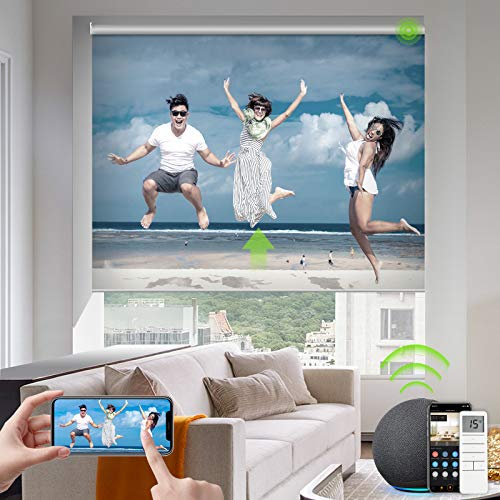 Yoolax Elektrisches Rollo, Fenster Rollo Innen mit Muster, Smart Motivbild mit Alexa & Google Home kompatibel, Smart Rollo mit Fernbedienung, Benutzerdefinierte Größe und Foto