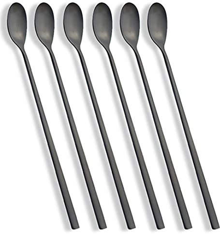 AOOSY Confezione da 6 cucchiai Latte Manico Lungo in Acciaio Inox Miscelazione Ice Cream Agitatore Cucchiaio Ideale per caffè Freddo tè Freddo tè Shake Gelato Sunde Cool Drinking(nero)