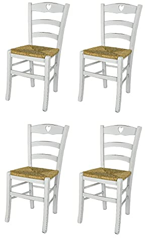 t m c s Tommychairs - 4er Set Stühle Cuore für Küche und Esszimmer, Robuste Struktur aus lackiertem Buchenholz im Shabby Chic Stil, handwerklich antik behandelt und Sitzfläche aus Stroh
