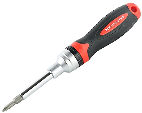 MichaelPro MP002025 7-in-1 Ratcheting Screwdriver & Nut Driver, Multi-Bit, Cushioned Grip, Black/Red