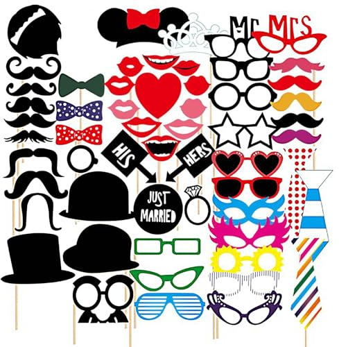 SacJkt Atrezzo Boda - 58pcs Selfie Accesorios con Palos y Pegatinas, Cabina de Fotos Accesorios, DIY Photo Booth Props Kit