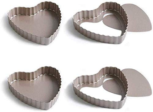 TSTSM Juego de 4 moldes para Tarta de Quiche de 4 Pulgadas, Molde Desmontable para flan Estriado/Tarta con Fondo Desmontable, en Forma de corazón, Revestimiento Antiadherente, 4 Piezas