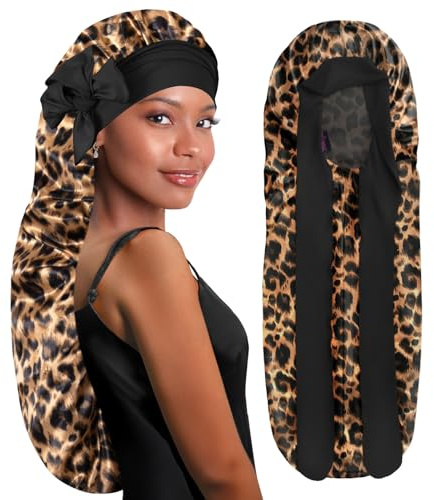 BONNET QUEEN Lange Seidenhaube zum Schlafen für langes Haar – Satin Bonnet mit verstellbarem Bindeband, Schlafhaube Seide für Locken & Zöpfe, rutschfest, Damen, Leopard, L