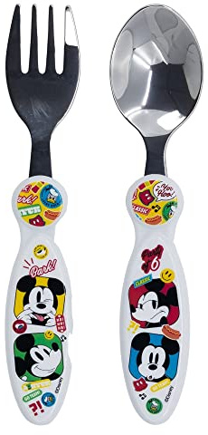 Stor Juego de 2 cubiertos infantiles de Mickey Mouse de Disney en metal, sin BPA, lavables y reutilizables y no aptos para microondas ni lavavajillas