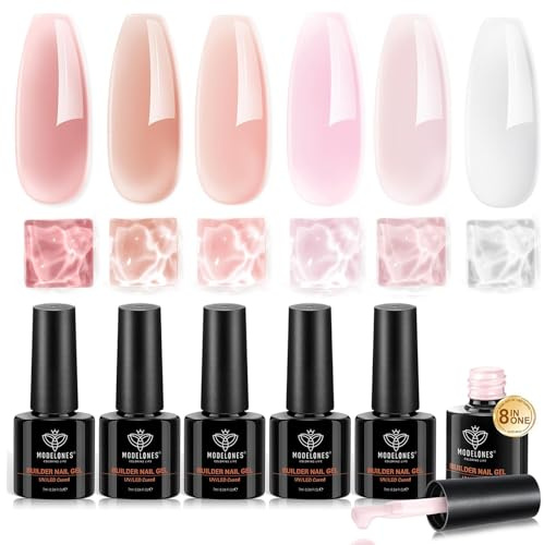modelones Gel Polish Builder Nail Set, Builder Base Colors Jelly Nude Pink Hard Strengthener Rubber Gel Polish 8-in-One Extension LED Nail Lamp Cured 6 Colors