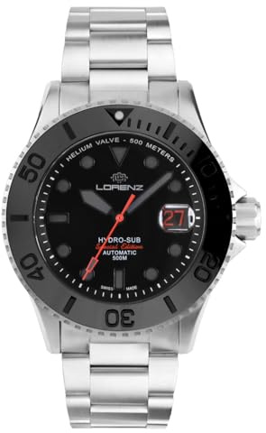Lorenz Hydro-Sub Special Edition 090011DD Orologio da uomo automatico svizzero con cinturino in acciaio inox 500 metri subacqueo professionale, cofanetto con cinturino in gomma omaggio