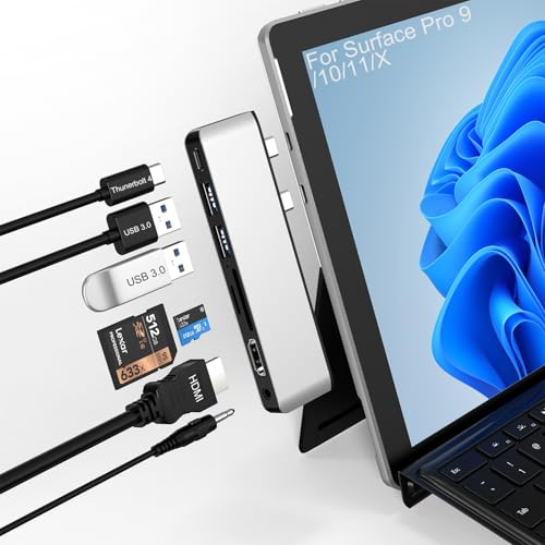 surface Pro 9/10/11/X Zubehör, Surface Pro 9/10/11/X Docking Station mit 4K HDMI, USB-C Thunderbolt 4 (Display+Daten+100W PD), 2 USB 3.0, 3.5mm Audio, SD/TF Kartenleser