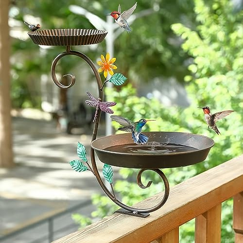 Bain d'oiseaux et mangeoire, Bain d'oiseaux Amovible en métal pour Balustrade de terrasse, Bol décoratif Antique pour Oiseaux avec Pince réglable Robuste pour Balcon, terrasse, Porche, Jardin