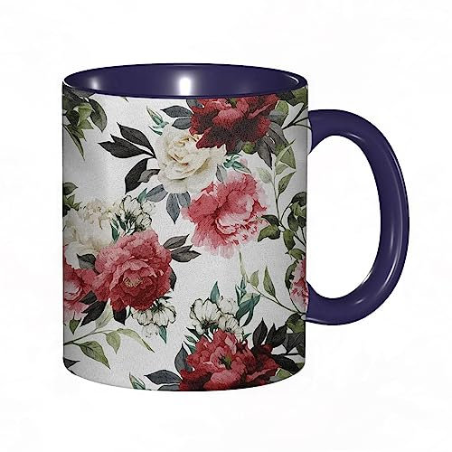RFSHOP Tazza da caffè in stile shabby chic, stile country, con rose e acquerelli, stampa color corallo scuro, 325 ml, tazza da tè in ceramica con manico, per casa, ufficio, Natale, compleanno