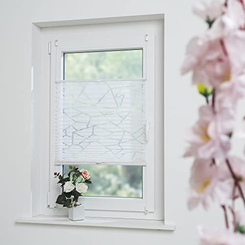 Klemmfix-Plissee mit ausgebranntem Grafik-Motiv, halbtransparent, ohne Bohren oder Schrauben, inkl. Klemmträger, Breite: 120 cm/Länge: 130 cm, Farbe: weiß