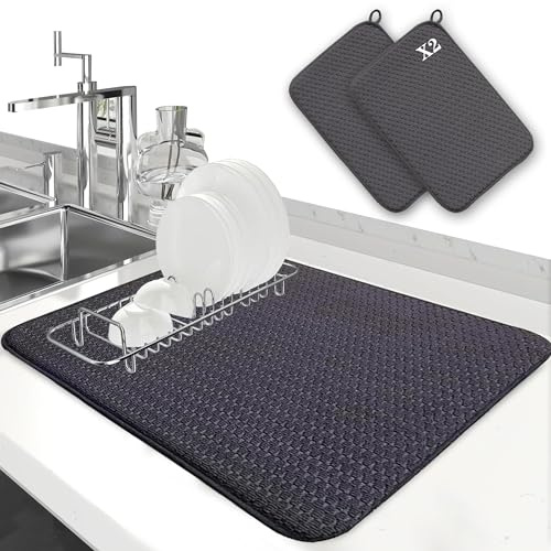 LIBRNTY Alfombrilla de goteo para platos,Alfombra escurreplatos,Esponja escurreplatos,Alfombrilla para Cafetera,Fácil Limpieza,Protector Antideslizante Encimeras,Cocina y Cafetería (Negro KU-3)