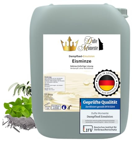 Dufte Momente | Dampfbad Emulsion 10 Liter Eisminze (Eukalyptus, Menthol, Minze) | geprüfte Qualität | mit naturreinen und natürlichen ätherischen Ölen | gebrauchsfertig | vegan und ohne Tierversuche