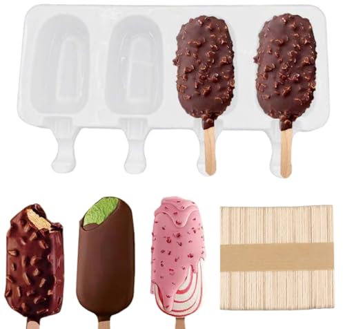 Molde Helado Silicona,Molde Helado Con 50 Palos Madera,Moldes Paletas Chocolate,Molde Barra Helado,para Helados DIY Niños, para Chocolate Postre congelado