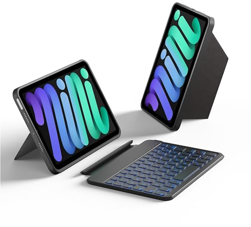 HOU Detachable Keyboard Case for iPad mini 7th/6th Generation,Black | 156° Adjustable Stand, Detachable Full Protective Case, 11 Shortcut Keys, 7 Color Backlight, Silicone PU, Bluetooth