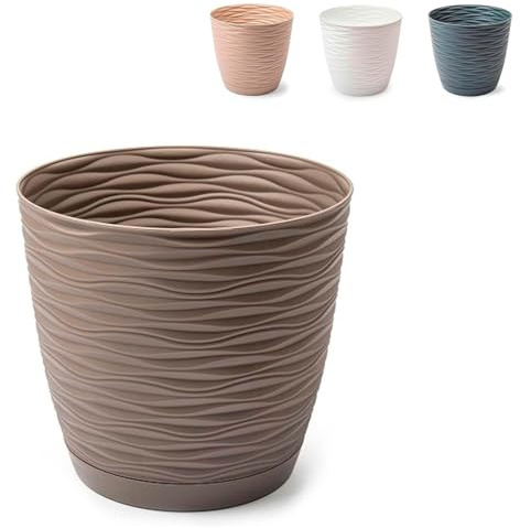 Acan Tradineur - Maceta Redonda con Plato - Diseño Wind (Ø 27 cm) - Fabricado en plástico - Ideal parajardín Exterior, terraza o balcón - Color Surtido