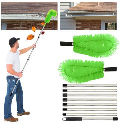 122 Telescopic Gutter Cleaning Pole with Brush - Heavy Duty Gutter Cleaner Tool Set, 8-Section Extendable Aluminum Pole & 2 Replaceable Brushes for Roof/Gutter Cleaning (Green)‌