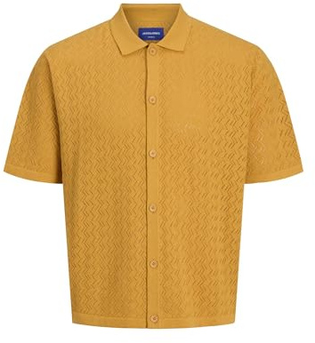 JACK & JONES Stickad skjorta för män, strukturerad, stickad skjorta, Gyllene aprikos, M