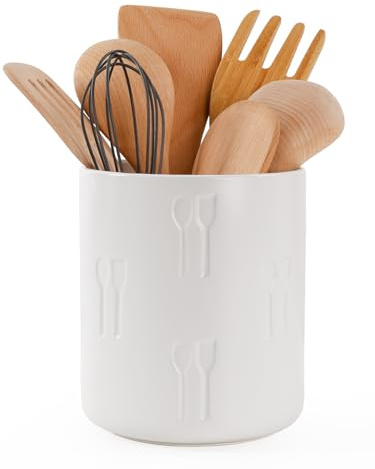INGOFIN Ceramic Utensil Holder, 6.1” Utensil Holder or Kitchen Countertop, Suit for Cutlery & Utensil, Utensil Crock for Farmhouse Decor, Cooking Utensil Crock with Concave Carving Design, White