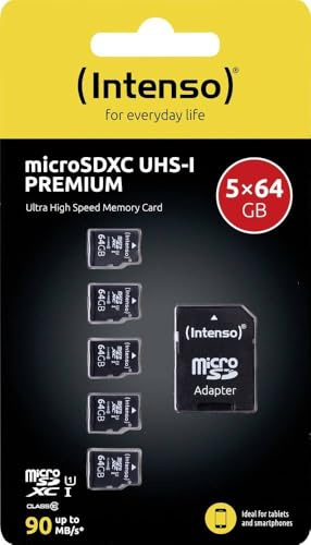 Intenso Premium microSDXC - Tarjeta de Memoria (5 Unidades, 64 GB, Clase 10, UHS-I, Incluye Adaptador SD), Color Negro