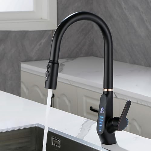 XJTNLB Grifo 3 Vias Osmosis Extensible Cuello Grifo Cocina Negro con Pantalla Digital Grifo Fregadero Extraible Osmosis Mezclador Grifo de Cocina